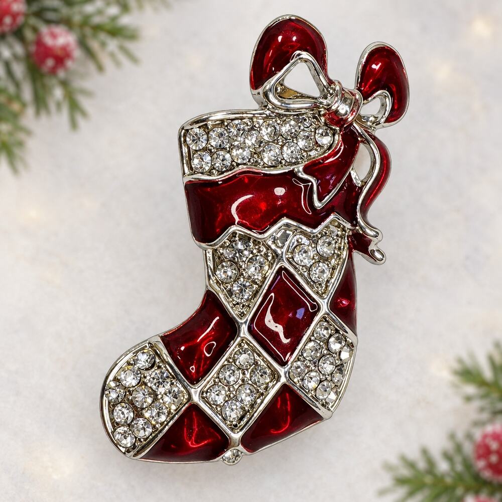 Red Enamel Christmas Stocking Brooch Rhinestone Silver Tone Holiday Pin CP172